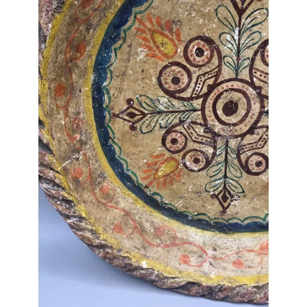 Vintage Mexican Folk Art Paper Mache Bowl Hand Painted Rope Rim Charger Plate